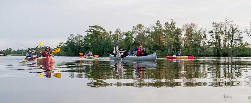 Students paddling in canoes.