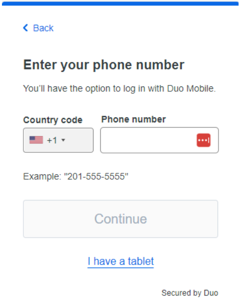 screenshot of the interface to enter your phone number