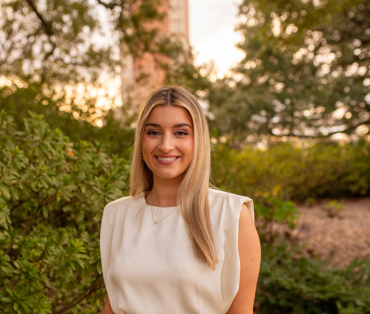 anastasia standing in front of moulton tower